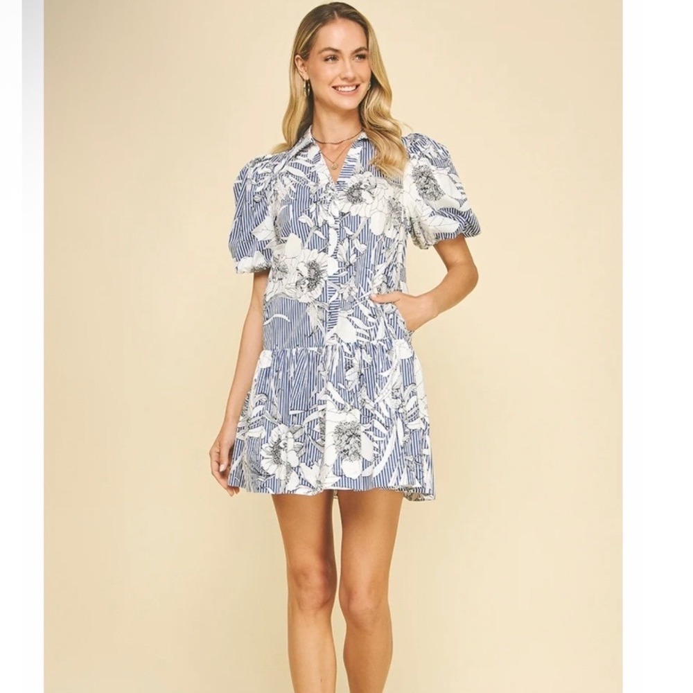 Pinch Abigail Floral Blue White Striped Mini Drop Waist Dress Puff Sleeve Boho S